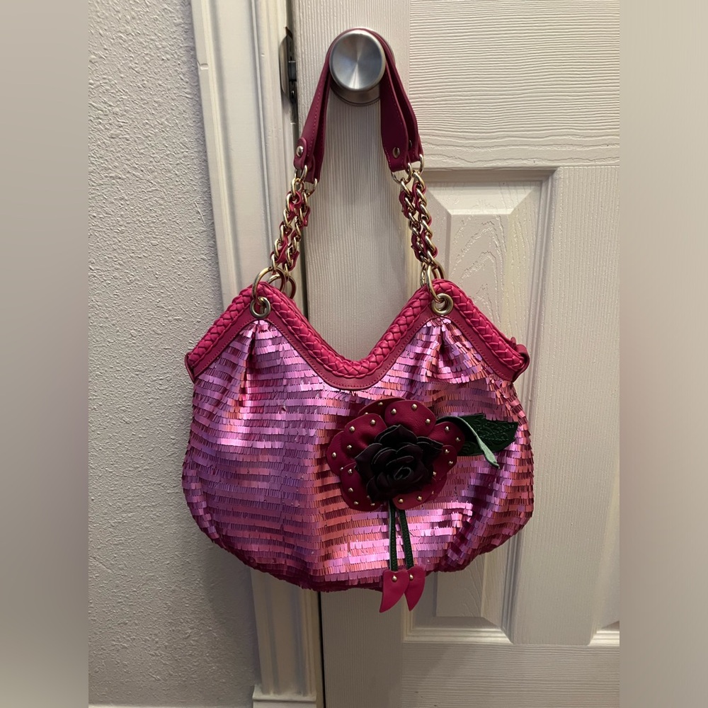 Y2K Sharif Magenta Pink Sequins and Leather flower purse